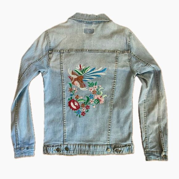Custom Embroidered ASOS Denim Jean Jacket Light Blue Wash Bird Floral Size S - Picture 2 of 11